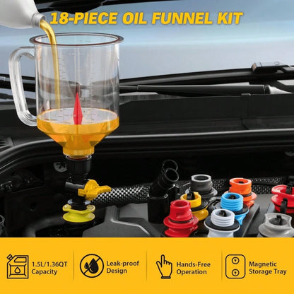 Spill-Proof 18Pcs Oil Funnel Set, 1.59QT/1.5L Engine Oil Change Tool Kit For Cars, Universal Automotive Funnel Adapters
