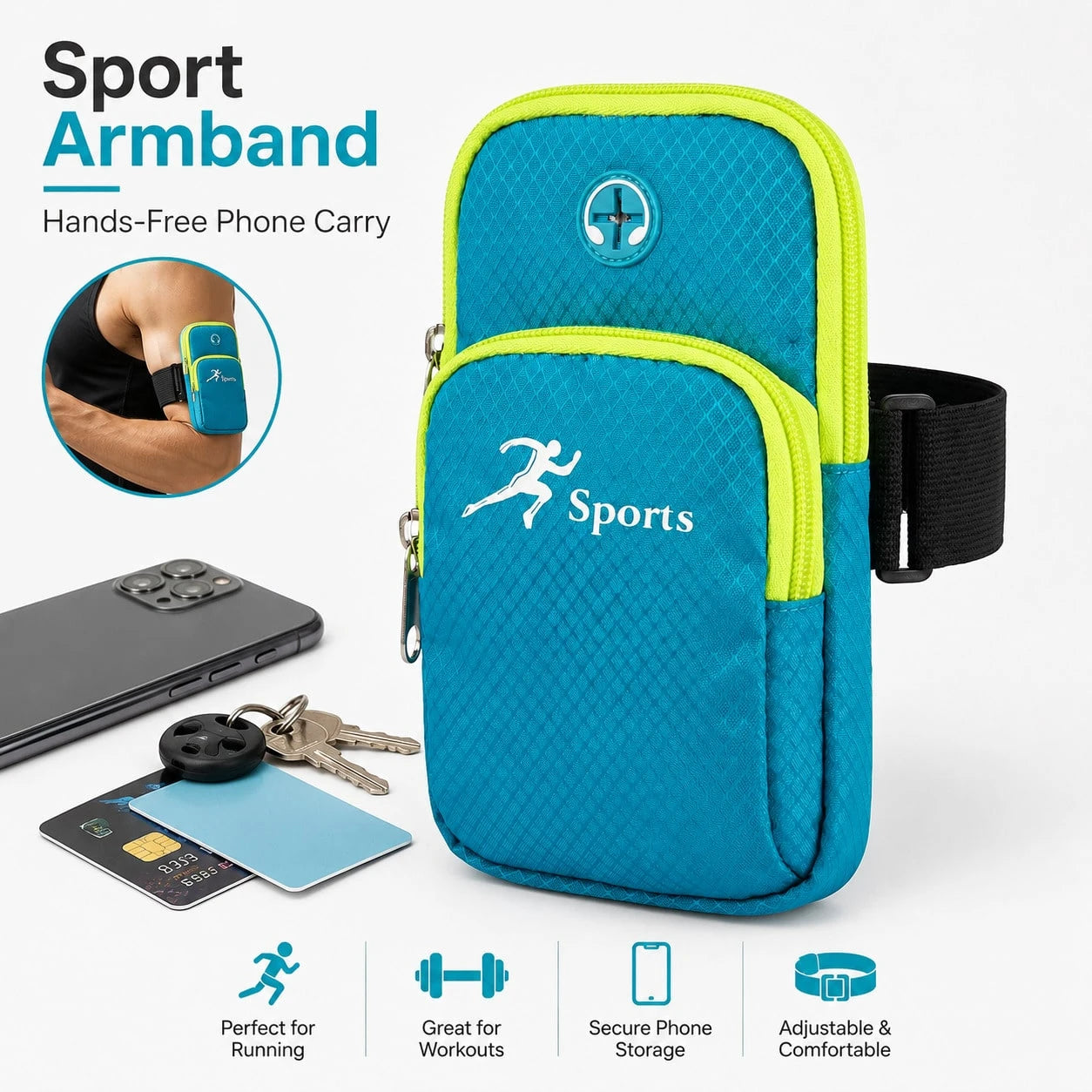 Sports Arm Bag, Compact Phone Storage Pouch With Dual Zipper Pockets, Earphone Hole & Adjustable Strap For Running, Workout, Hiking And Daily Outdoor