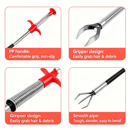 Spring Pipe Dredging Tool, 78.7in Drain Snake Hair Clog Remover, Flexible Sink Drain Cleaner With 4-Claw Grabber, Dual-Purpose Pick Up Reacher Tool For Litter & Debris, Flexible Clog Retriever For Bat