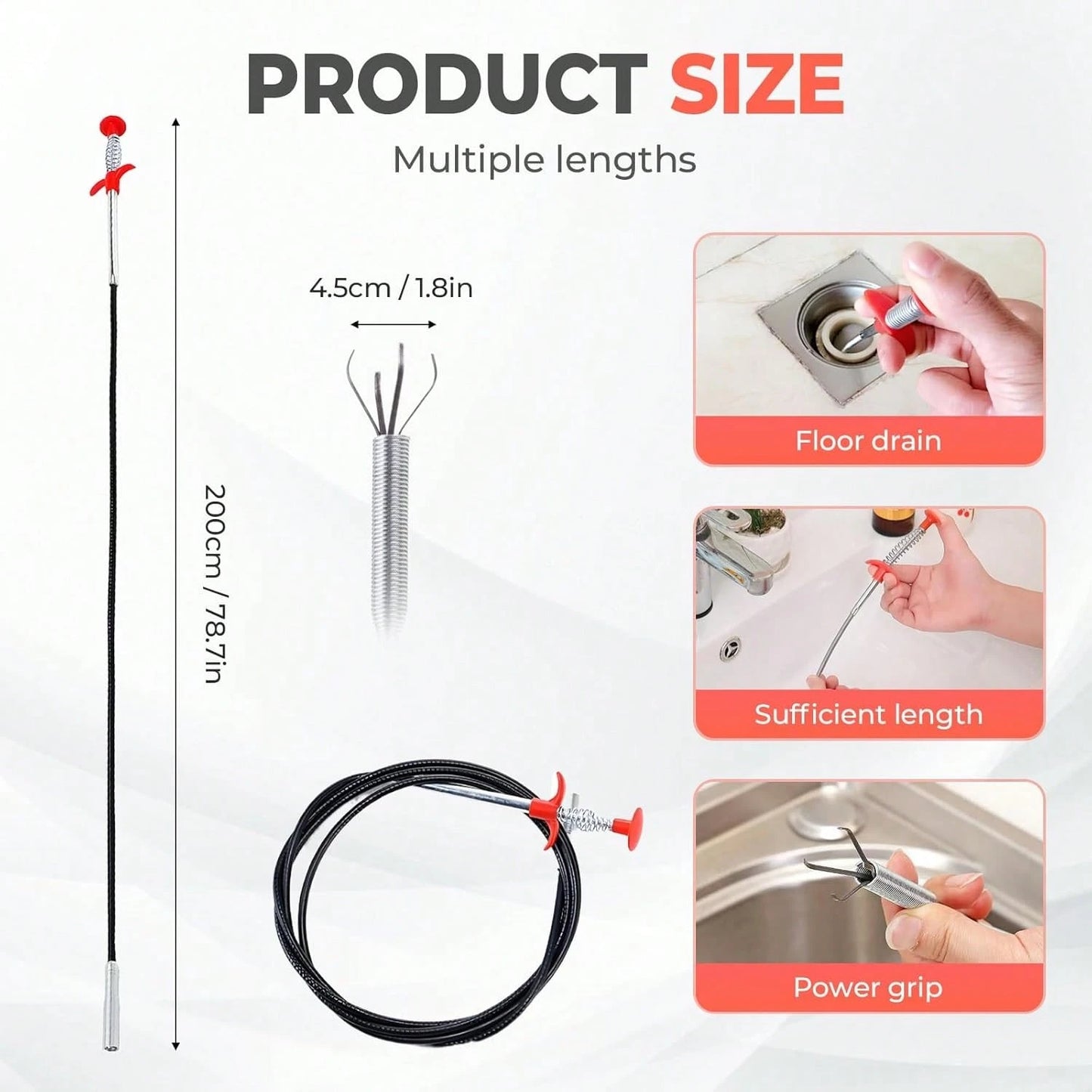 Spring Pipe Dredging Tool, 78.7in Drain Snake Hair Clog Remover, Flexible Sink Drain Cleaner With 4-Claw Grabber, Dual-Purpose Pick Up Reacher Tool For Litter & Debris, Flexible Clog Retriever For Bat