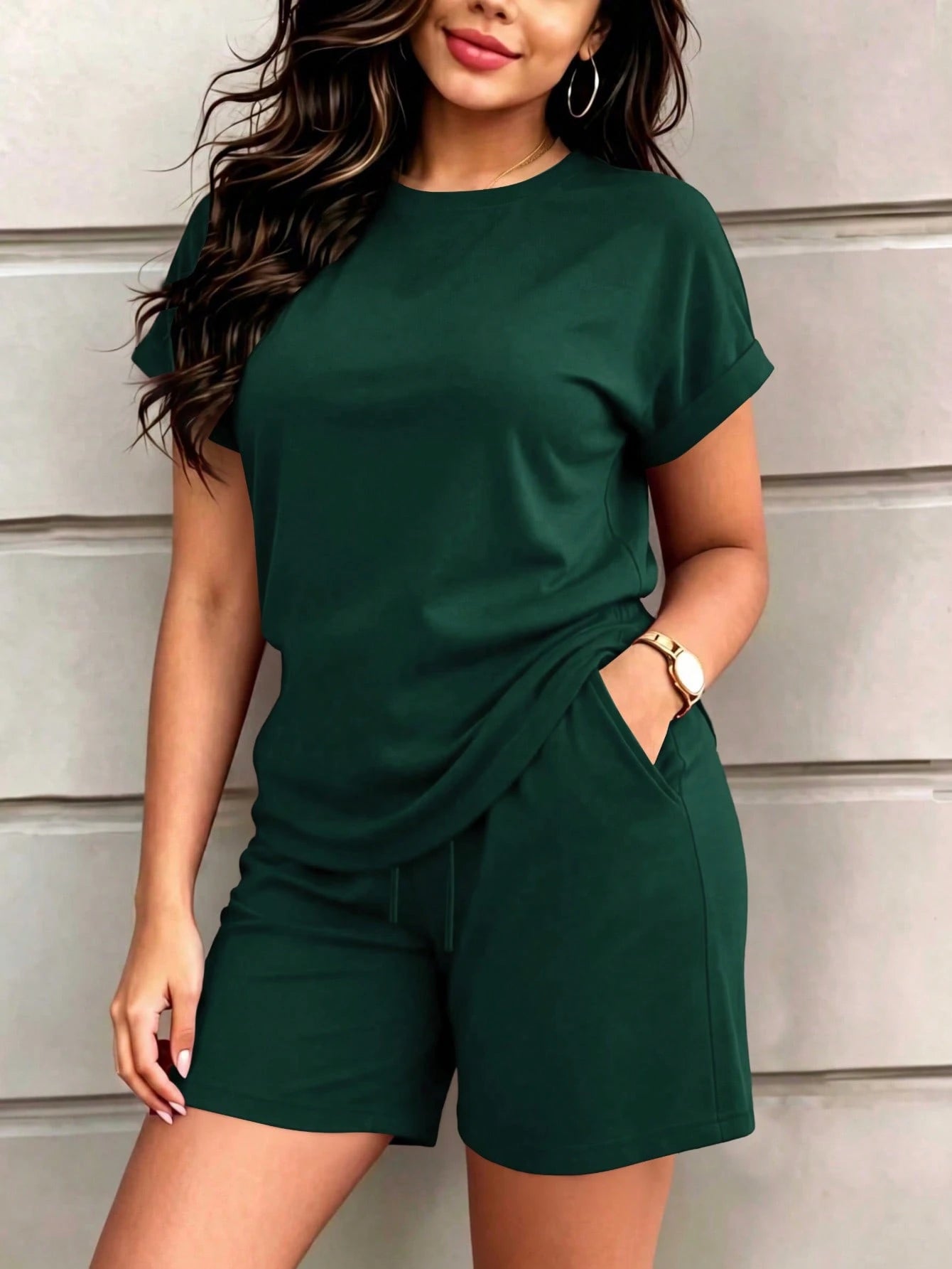 Spring/Summer Women's Solid Color Short Sleeve Retro Round Neck T-Shirt & Elastic Waist Drawstring Shorts, PJ (Pajama-Style) Outfit Elegant, Matching Set