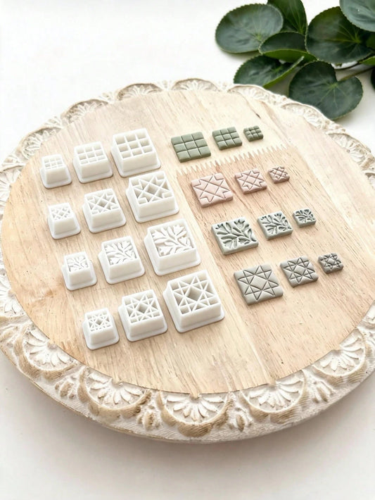 Square Tile Polymer Clay Cutters, Geometric/Leaf Embossing Textured Molds, 10/15/20mm Sizes, For Handmade Earrings, Charms, Magnets & Scrapbooking