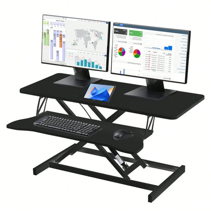 Standing Desk Converter 32 Inch, Height Adjustable Sit Stand Desk Riser, Quick Sit To Stand Tabletop Dual Monitor Riser Workstation For Home Office With Keyboard Tray, Black