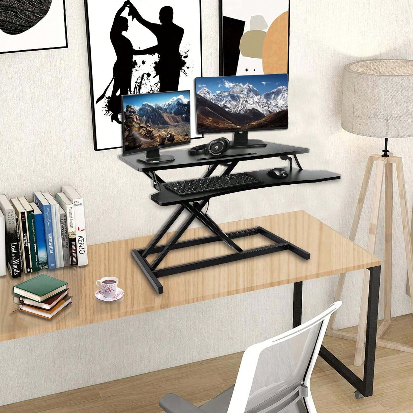 Standing Desk Converter 32 Inch, Height Adjustable Sit Stand Desk Riser, Quick Sit To Stand Tabletop Dual Monitor Riser Workstation For Home Office With Keyboard Tray, Black