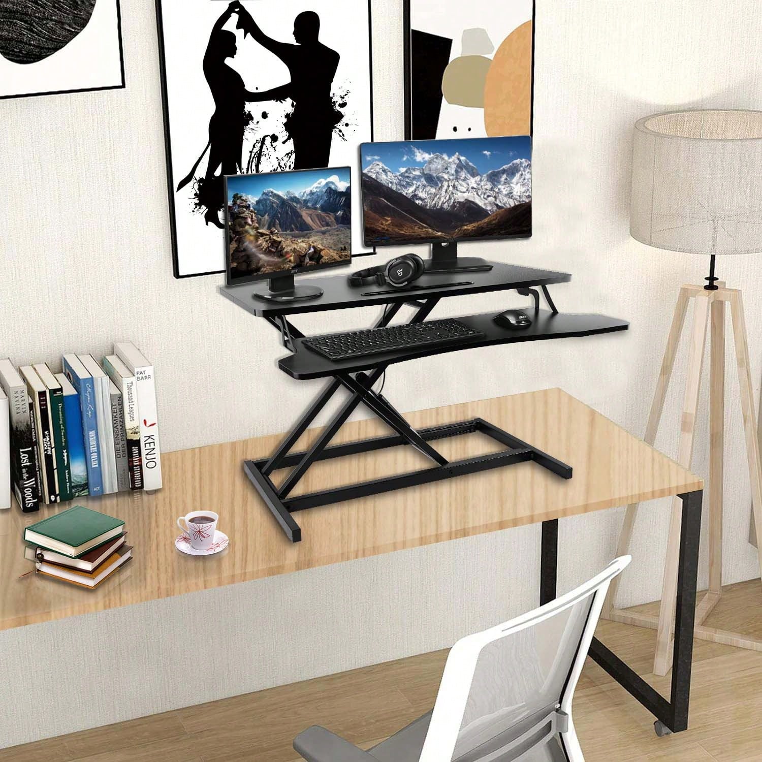 Standing Desk Converter 32 Inch, Height Adjustable Sit Stand Desk Riser, Quick Sit To Stand Tabletop Dual Monitor Riser Workstation For Home Office With Keyboard Tray, Black