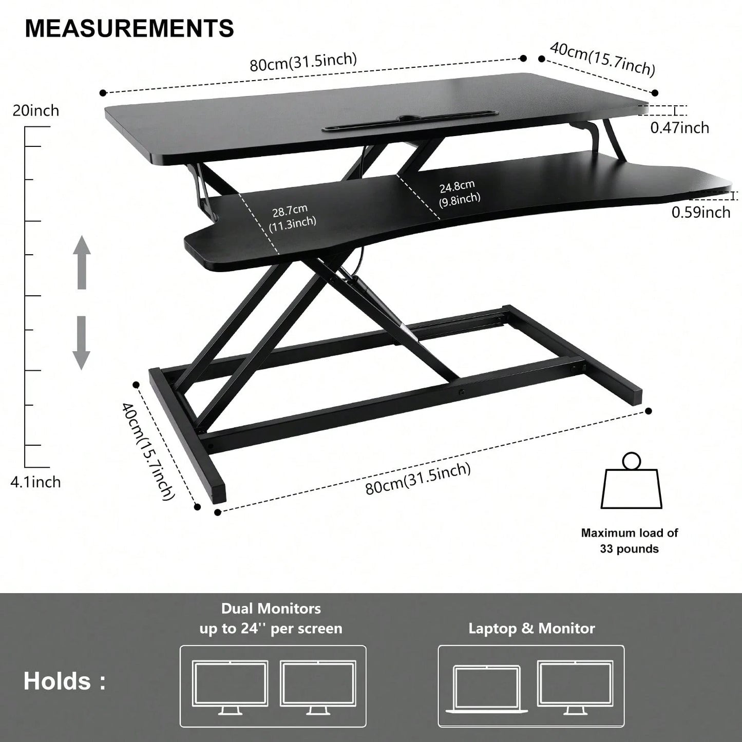 Standing Desk Converter 32 Inch, Height Adjustable Sit Stand Desk Riser, Quick Sit To Stand Tabletop Dual Monitor Riser Workstation For Home Office With Keyboard Tray, Black
