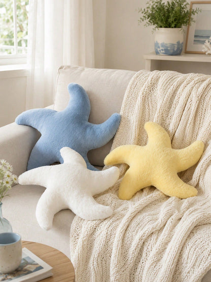 Starfish Throw Pillow, Cute Decorative Cushion For Sofa And Bed, Soft Faux Fur Starfish Shaped Plush Pillow, Ocean Beach Theme Bedroom And Living Room Decor Pillow