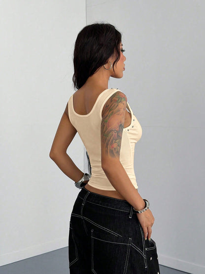 StreetHx Women's Fashionable Metal Decor White Tank Top