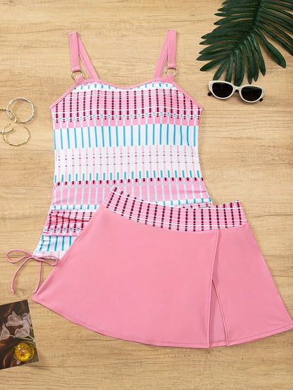 Striped Print 2 Piece Set Tankini, Ring-Linked Tie Side With Skirted Bottom Wimsuits, Women's Swimwear & Clothing