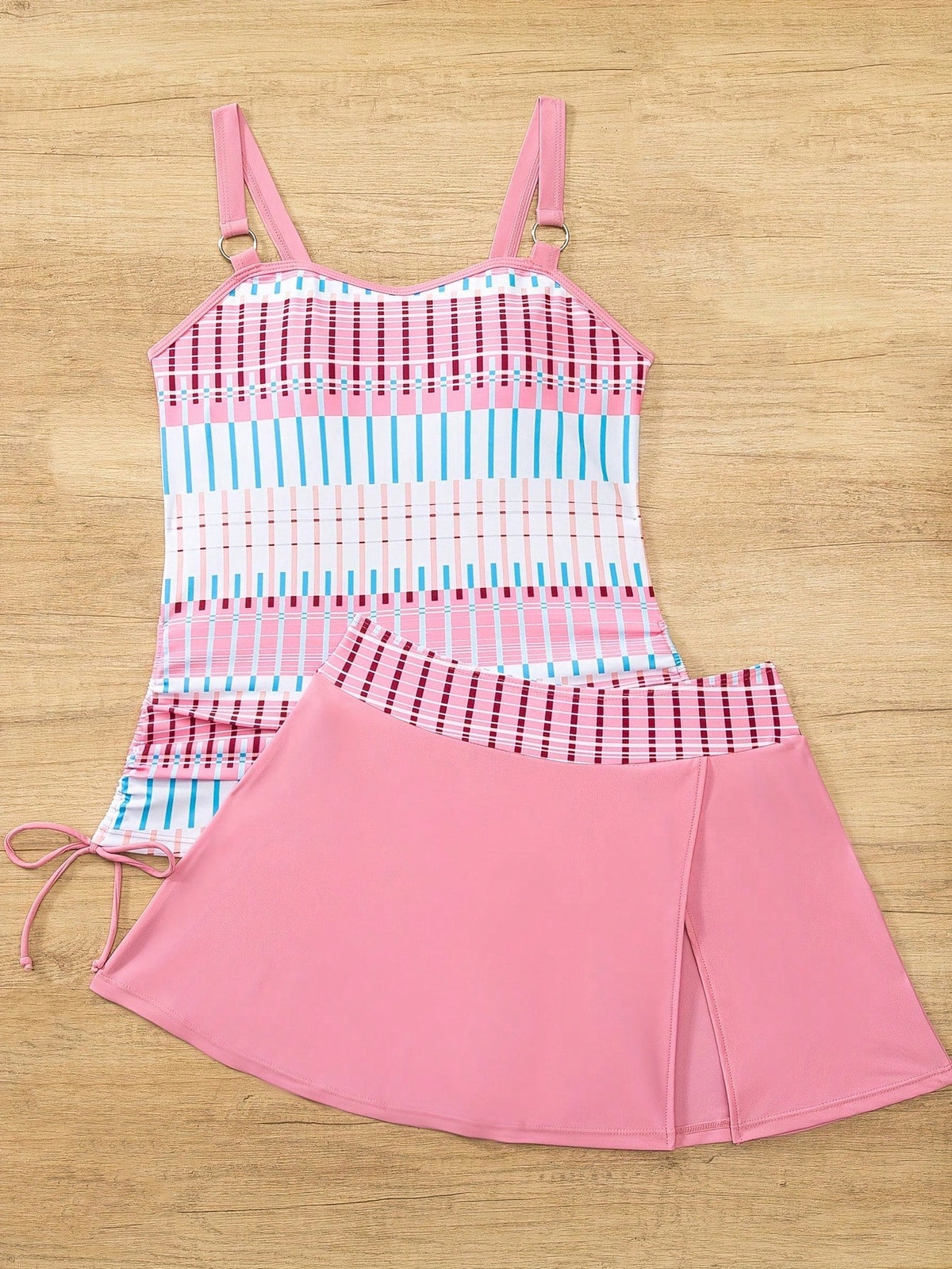 Striped Print 2 Piece Set Tankini, Ring-Linked Tie Side With Skirted Bottom Wimsuits, Women's Swimwear & Clothing
