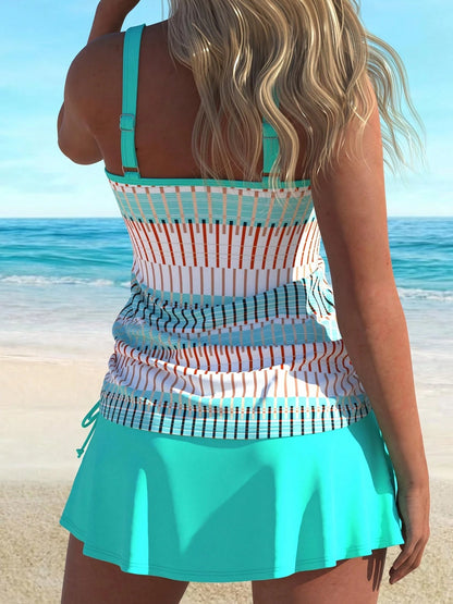 Striped Print 2 Piece Set Tankini, Ring-Linked Tie Side With Skirted Bottom Wimsuits, Women's Swimwear & Clothing