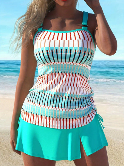 Striped Print 2 Piece Set Tankini, Ring-Linked Tie Side With Skirted Bottom Wimsuits, Women's Swimwear & Clothing