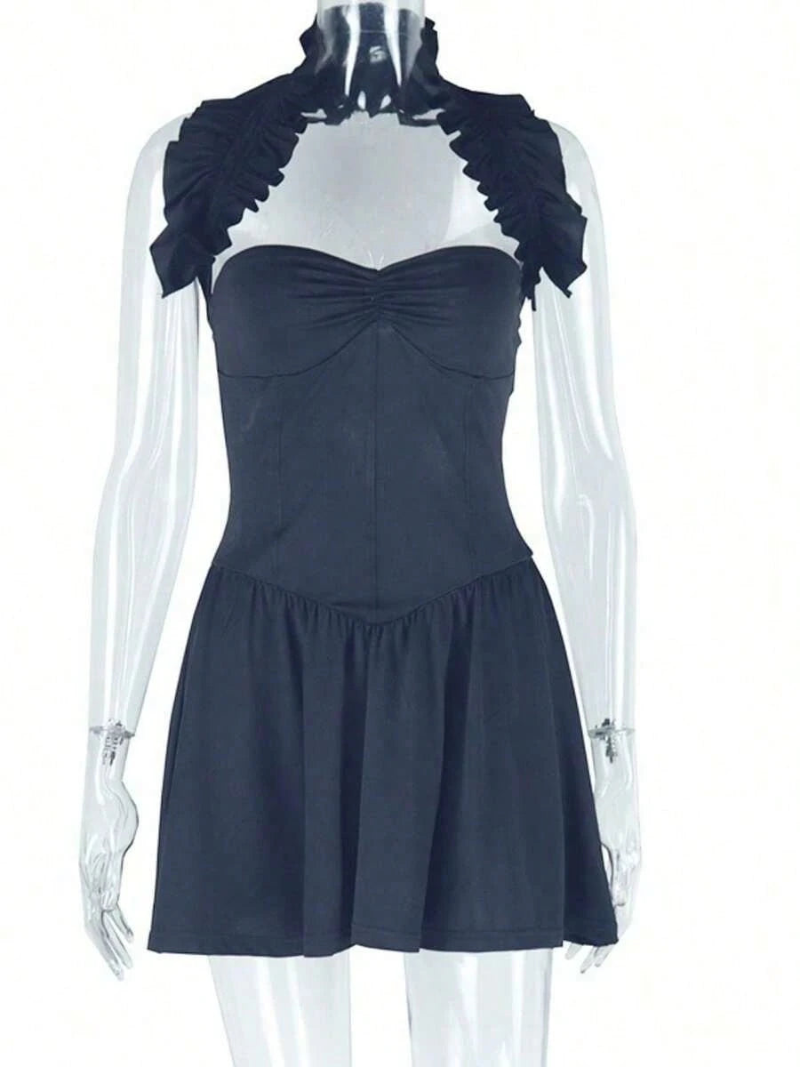 Summer Dresses For WomenCasual Fashion Party Street Solid Color Slim Fitting Women's Sexy Backless Pleated A-Line Skirt Simple Hanging Neck Short Sle