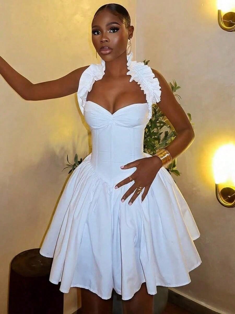 Summer Dresses For WomenCasual Fashion Party Street Solid Color Slim Fitting Women's Sexy Backless Pleated A-Line Skirt Simple Hanging Neck Short Sle