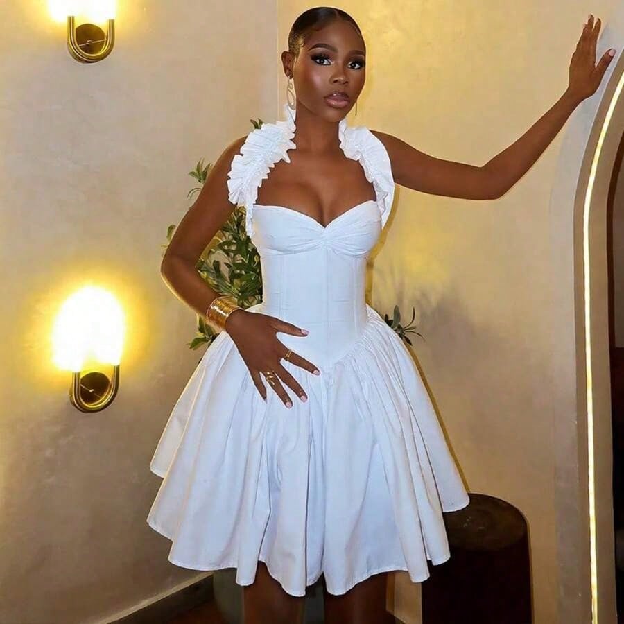 Summer Dresses For WomenCasual Fashion Party Street Solid Color Slim Fitting Women's Sexy Backless Pleated A-Line Skirt Simple Hanging Neck Short Sle
