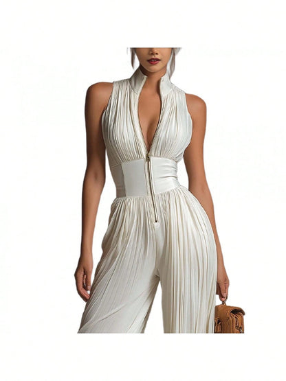 Summer Dresses For WomenNew European And American Style White Pleated Halter Jumpsuit For Women, Long Wide-Leg Fashion Sexy PleatedLoose And Comforta