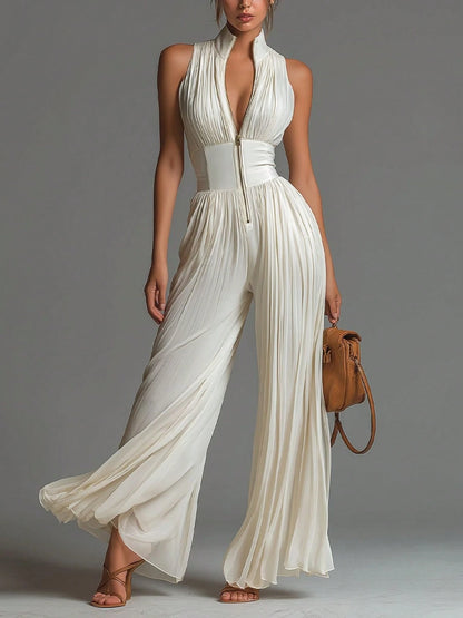 Summer Dresses For WomenNew European And American Style White Pleated Halter Jumpsuit For Women, Long Wide-Leg Fashion Sexy PleatedLoose And Comforta