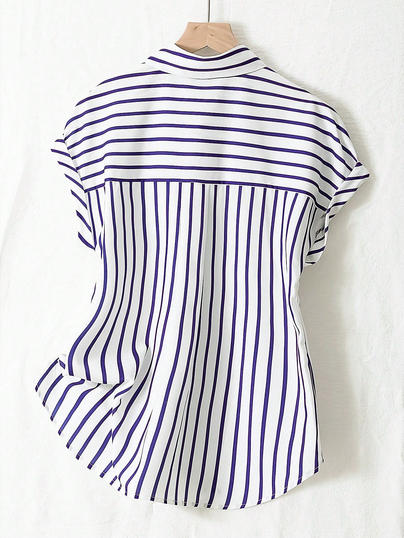 Summer Fashion Striped Single-Breasted Drop Shoulder Short Sleeve Shirt, Polyester Contrast Color Front Button Closure, Short Front Long Back Design