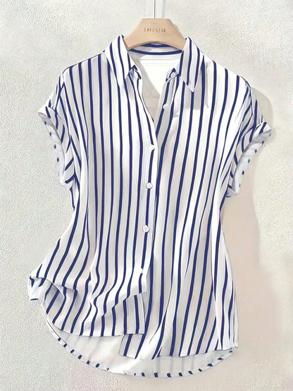 Summer Fashion Striped Single-Breasted Drop Shoulder Short Sleeve Shirt, Polyester Contrast Color Front Button Closure, Short Front Long Back Design