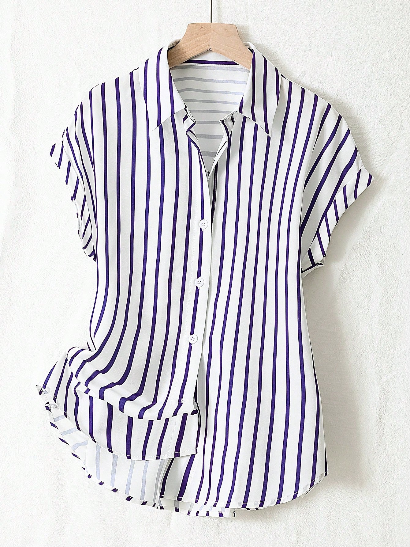 Summer Fashion Striped Single-Breasted Drop Shoulder Short Sleeve Shirt, Polyester Contrast Color Front Button Closure, Short Front Long Back Design