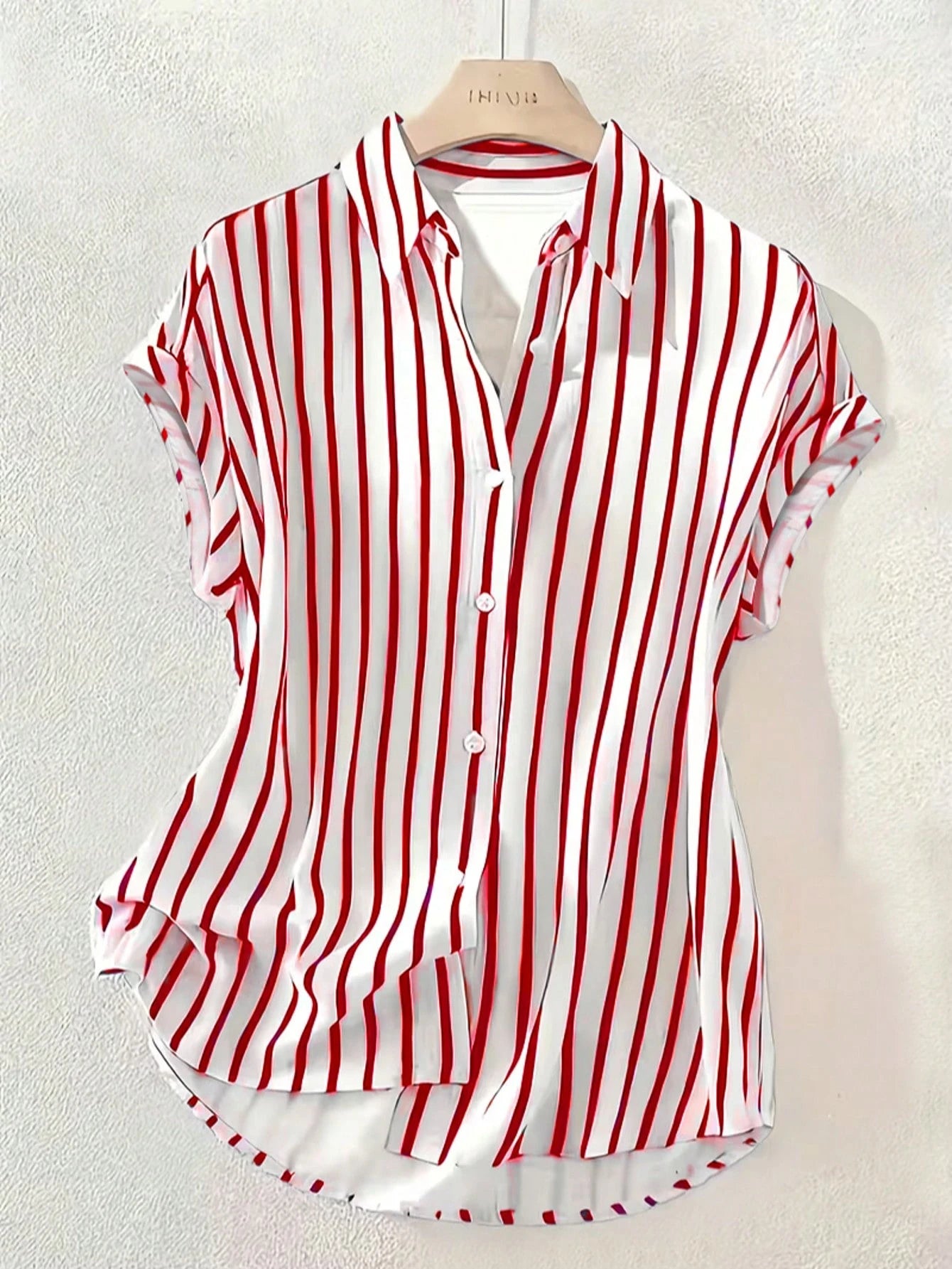 Summer Fashion Striped Single-Breasted Drop Shoulder Short Sleeve Shirt, Polyester Contrast Color Front Button Closure, Short Front Long Back Design