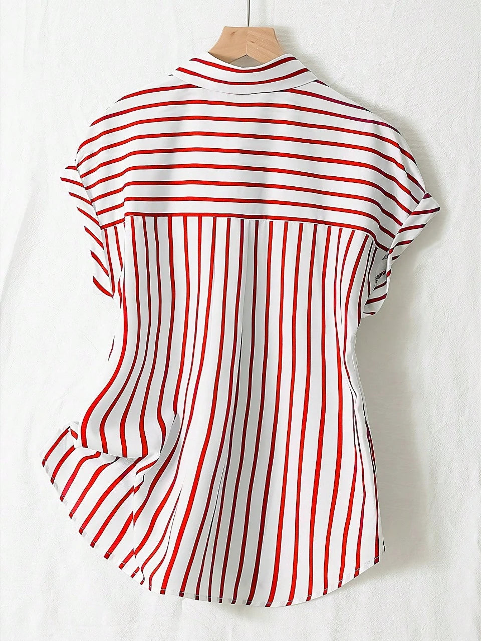 Summer Fashion Striped Single-Breasted Drop Shoulder Short Sleeve Shirt, Polyester Contrast Color Front Button Closure, Short Front Long Back Design