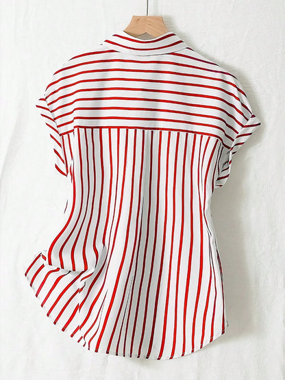 Summer Fashion Striped Single-Breasted Drop Shoulder Short Sleeve Shirt, Polyester Contrast Color Front Button Closure, Short Front Long Back Design