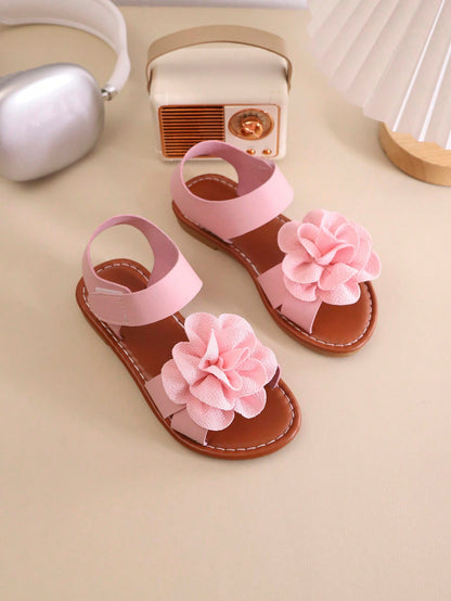Summer Girls' Round Toe Flat Sandals, Flower Girl Shoes, Girls' School Shoes, Young Ladies' Shoes. Beautiful Floral Blooms, Suitable For Home Leisure, Beach Vacation, Outdoor Shopping.