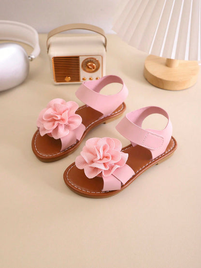 Summer Girls' Round Toe Flat Sandals, Flower Girl Shoes, Girls' School Shoes, Young Ladies' Shoes. Beautiful Floral Blooms, Suitable For Home Leisure, Beach Vacation, Outdoor Shopping.