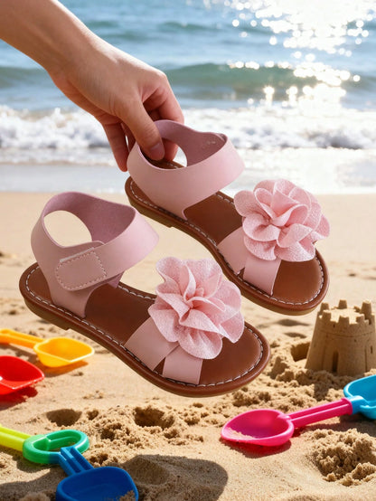 Summer Girls' Round Toe Flat Sandals, Flower Girl Shoes, Girls' School Shoes, Young Ladies' Shoes. Beautiful Floral Blooms, Suitable For Home Leisure, Beach Vacation, Outdoor Shopping.
