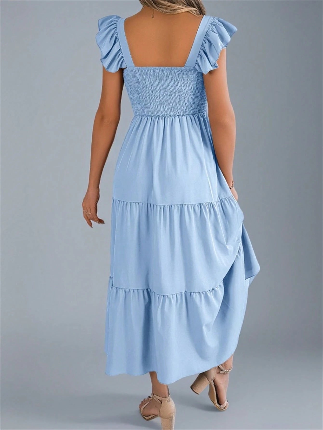 Summer New Solid Color Square Neck Backless Casual Shirred Frill Trim Sleeveless Slip Dress, Light Blue Elegant