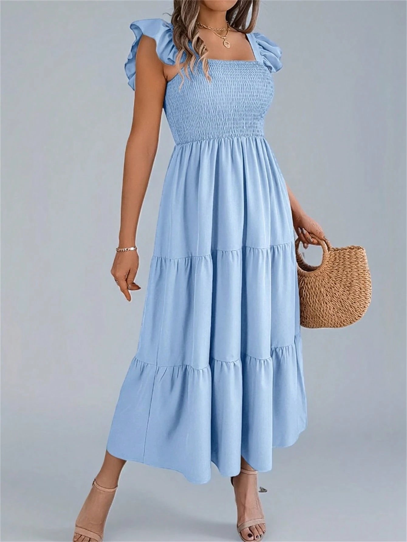 Summer New Solid Color Square Neck Backless Casual Shirred Frill Trim Sleeveless Slip Dress, Light Blue Elegant