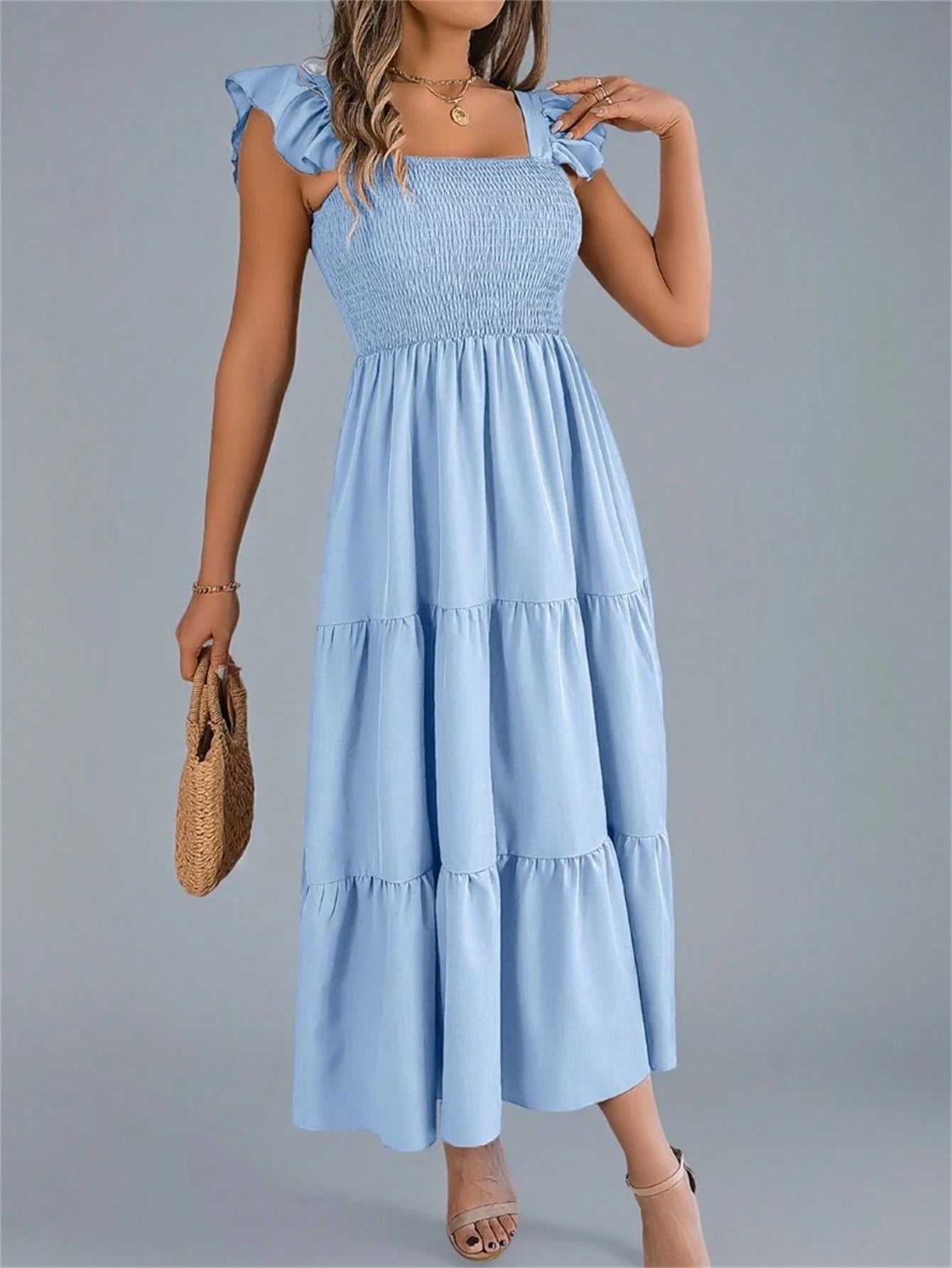 Summer New Solid Color Square Neck Backless Casual Shirred Frill Trim Sleeveless Slip Dress, Light Blue Elegant