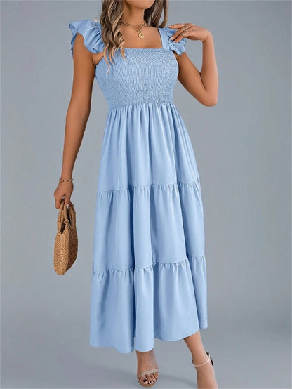 Summer New Solid Color Square Neck Backless Casual Shirred Frill Trim Sleeveless Slip Dress, Light Blue Elegant