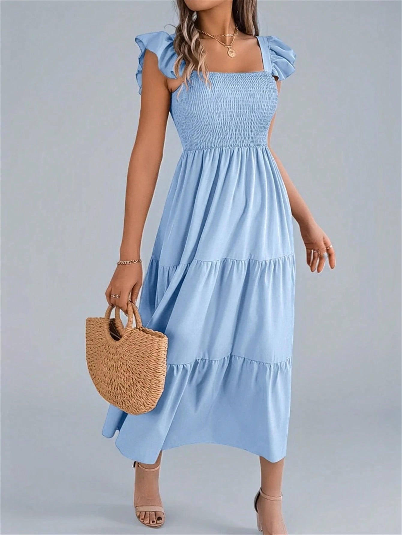 Summer New Solid Color Square Neck Backless Casual Shirred Frill Trim Sleeveless Slip Dress, Light Blue Elegant
