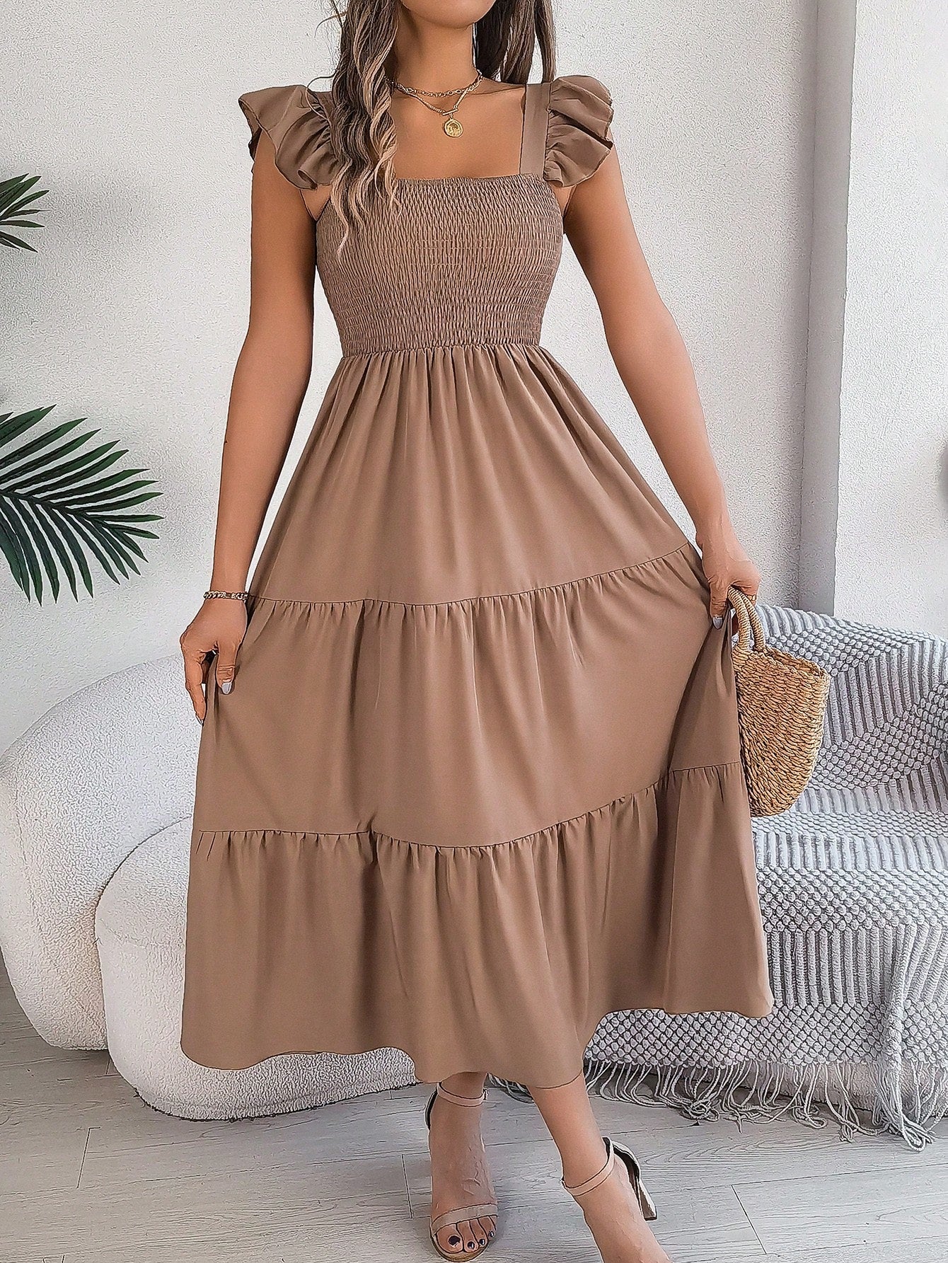 Summer New Solid Color Square Neck Backless Casual Shirred Frill Trim Sleeveless Slip Dress, Light Blue Elegant