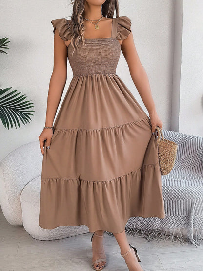 Summer New Solid Color Square Neck Backless Casual Shirred Frill Trim Sleeveless Slip Dress, Light Blue Elegant