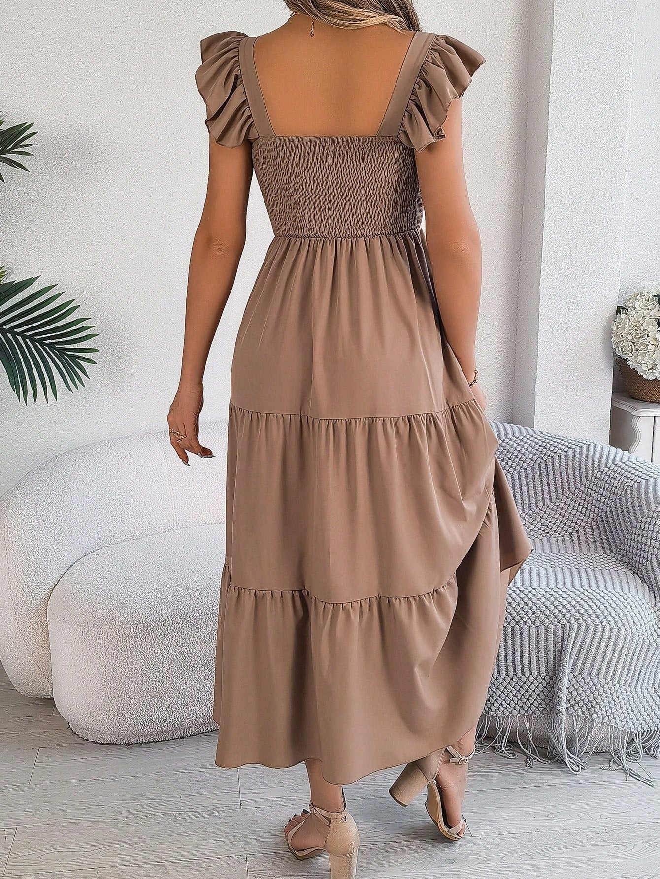 Summer New Solid Color Square Neck Backless Casual Shirred Frill Trim Sleeveless Slip Dress, Light Blue Elegant