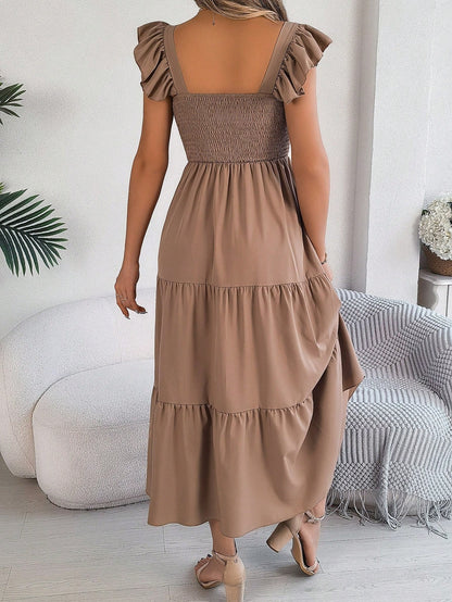 Summer New Solid Color Square Neck Backless Casual Shirred Frill Trim Sleeveless Slip Dress, Light Blue Elegant