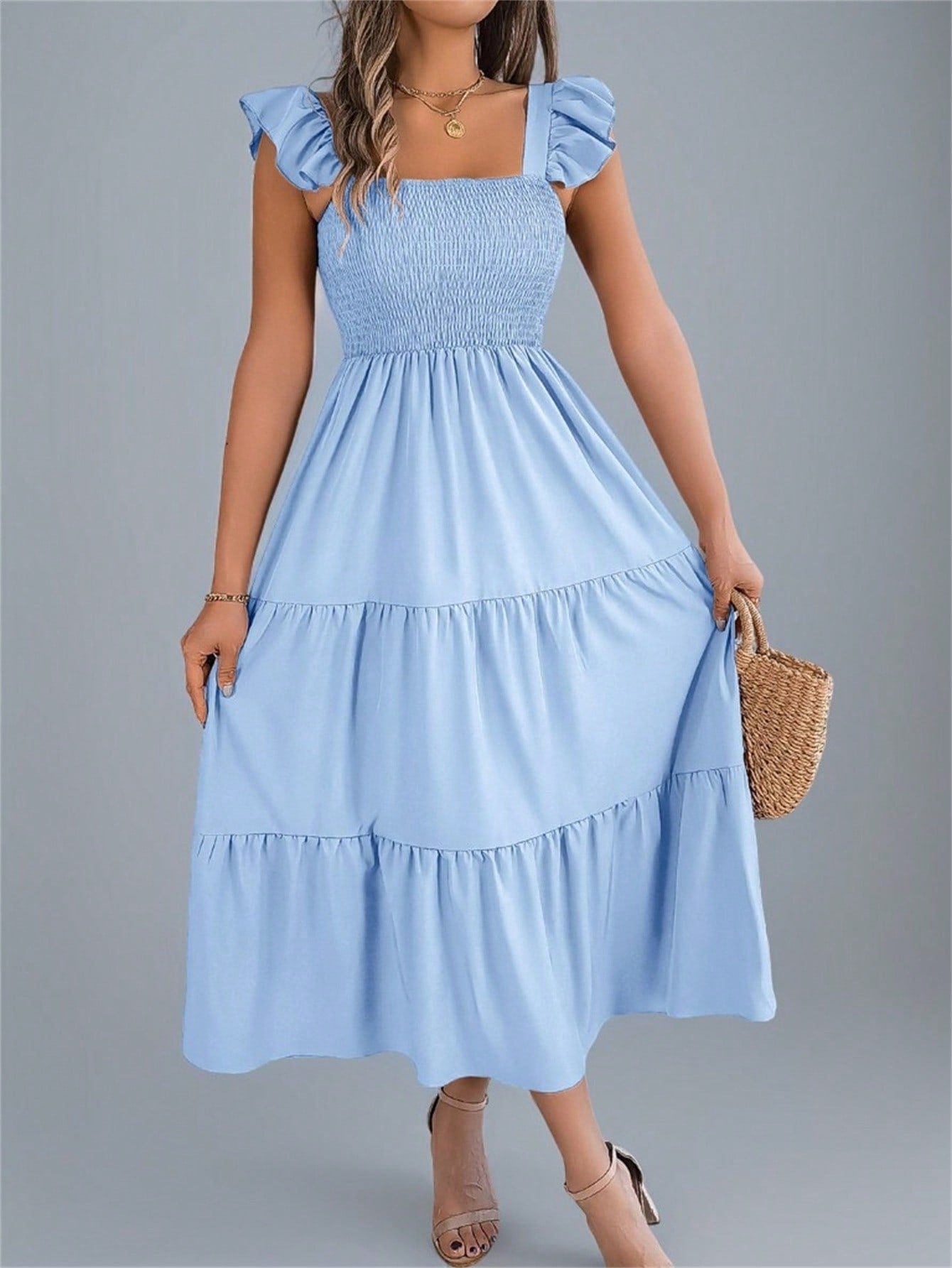 Summer New Solid Color Square Neck Backless Casual Shirred Frill Trim Sleeveless Slip Dress, Light Blue Elegant