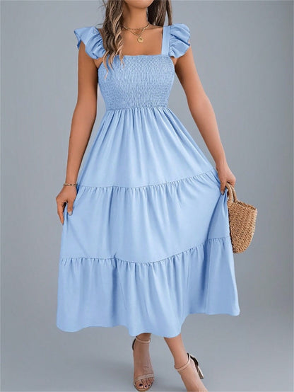 Summer New Solid Color Square Neck Backless Casual Shirred Frill Trim Sleeveless Slip Dress, Light Blue Elegant