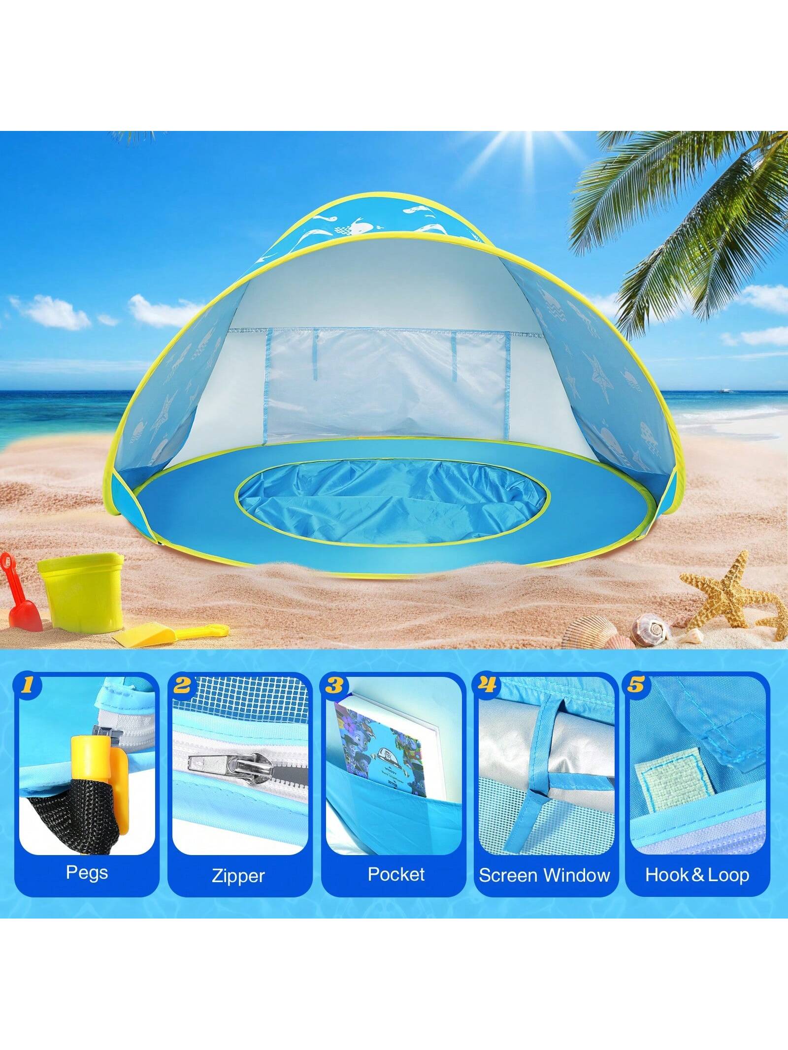 Summer Pop-Up Beach Tent For Toddlers Kids Boys Girls- Portable Pool Tent With UV Protection, Sun Shade, And Carry Bag, Back To School