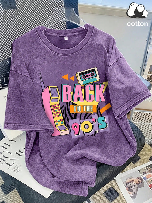 Summer Tops Plus Size Back To The 90s Vintage Washed T-Shirt, Nostalgic Vintage Casual Style, Ideal For Everyday Travel, Casual Outings & Regular Wear