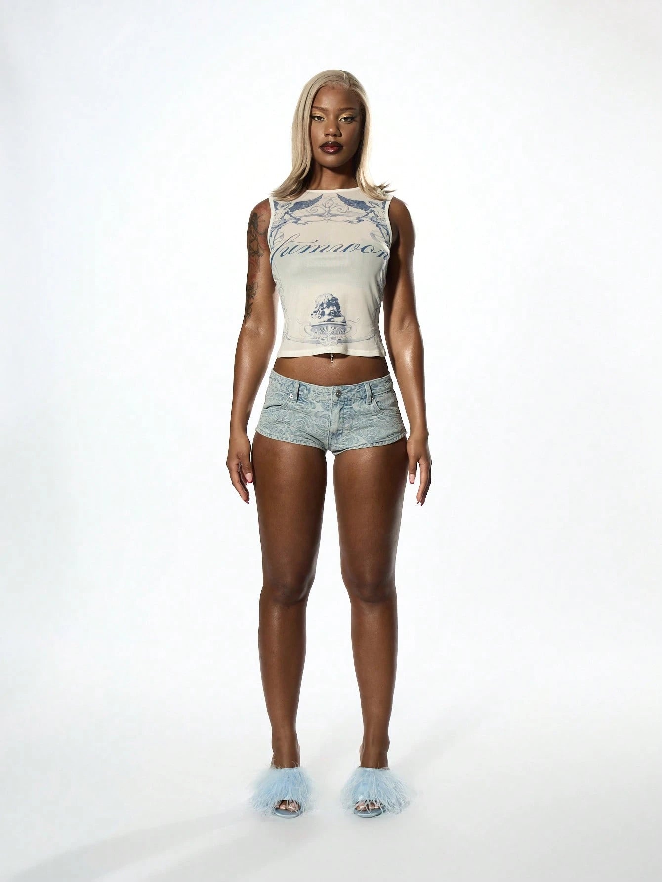 SUMWON WOMEN Summer Angelic Tank Top Mesh Overlay Festival Fashion Graphic Print Chic Modern Aesthetic Streetwear