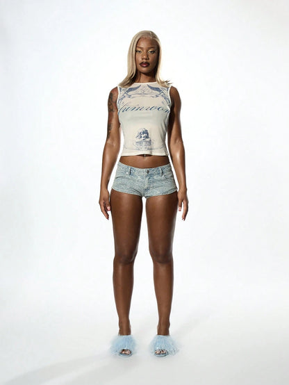 SUMWON WOMEN Summer Angelic Tank Top Mesh Overlay Festival Fashion Graphic Print Chic Modern Aesthetic Streetwear