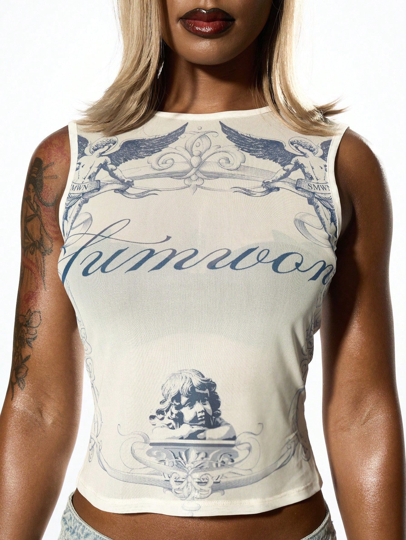 SUMWON WOMEN Summer Angelic Tank Top Mesh Overlay Festival Fashion Graphic Print Chic Modern Aesthetic Streetwear
