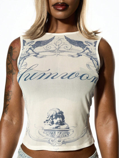 SUMWON WOMEN Summer Angelic Tank Top Mesh Overlay Festival Fashion Graphic Print Chic Modern Aesthetic Streetwear