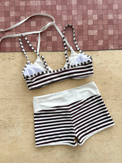 Sunnyshic Spring/Summer New American Retro Pink & Blue Cartoon Dopamine Style Fun Sardine Print Halter Neck Two Pieces Swimsuit