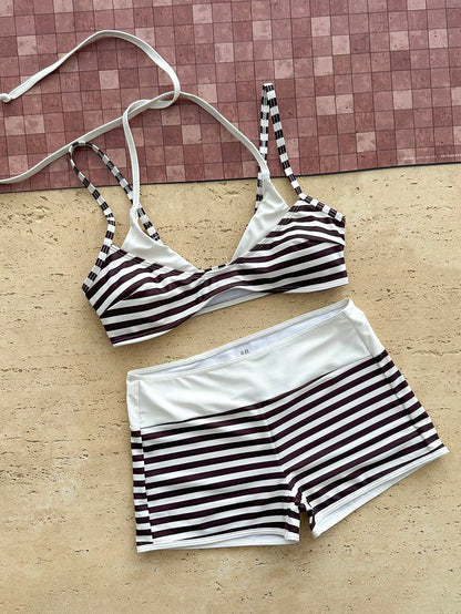 Sunnyshic Spring/Summer New American Retro Pink & Blue Cartoon Dopamine Style Fun Sardine Print Halter Neck Two Pieces Swimsuit
