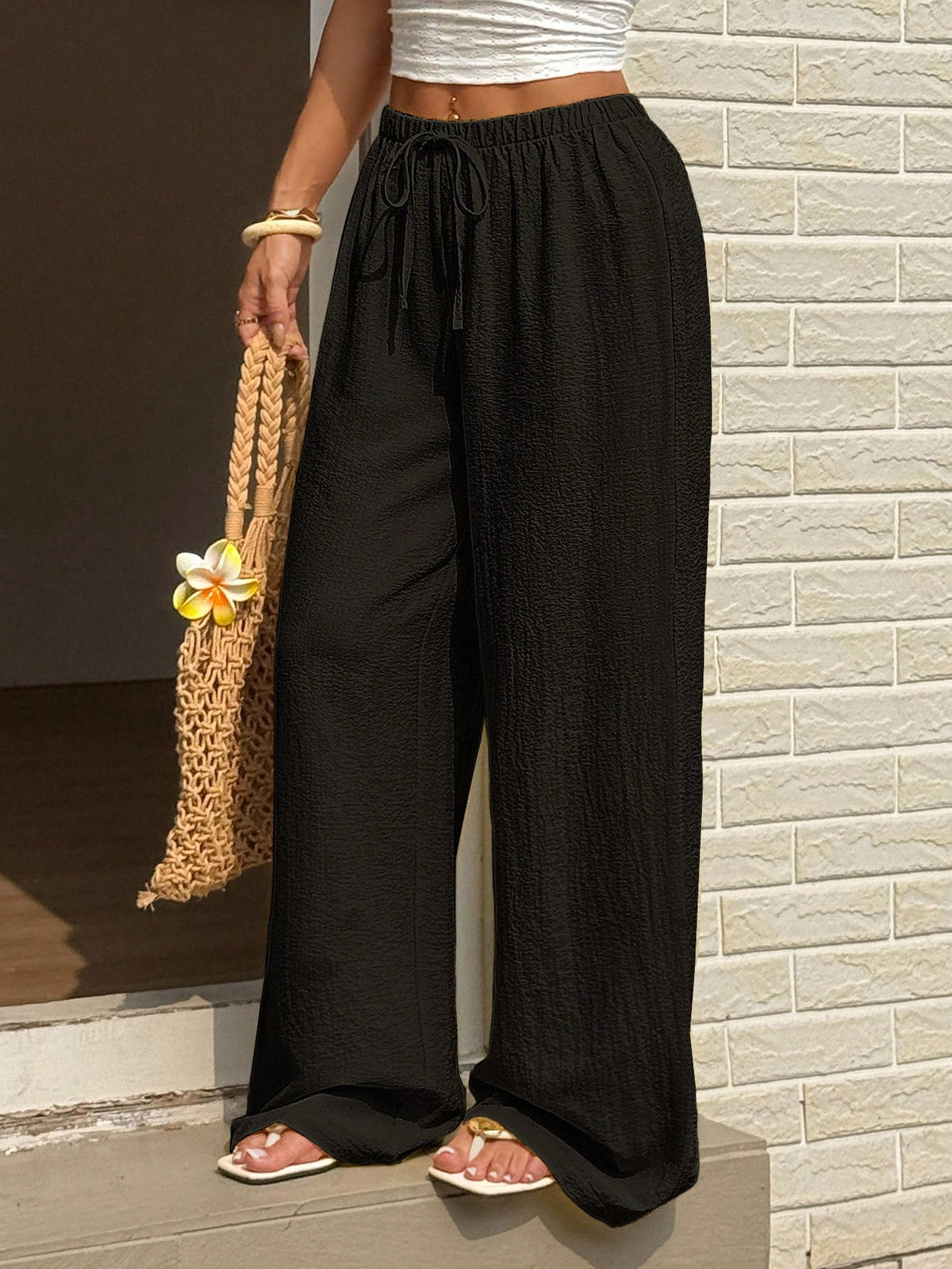 Sunnyshic Women's Casual Resort Travel Tie-Up Straight Leg Pants, Yellow, Versatile, Slim Fit, Plain-Woven, Spring/Summer Fall Cloth For Women